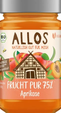 ALLOS Vegane Brotaufstriche|Fruchtaufstriche^- Frucht Pur 75% Aprikose 250g