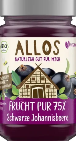 ALLOS Vegane Brotaufstriche|Fruchtaufstriche^- Frucht Pur 75% Schwarze Johannisbeere, bio, 250g