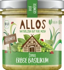 ALLOS Vegane Brotaufstriche|Glutenfreie Lebensmittel^- Hof Gemüse Ennos Erbse Basilikum bio vegan glutenfrei 135g