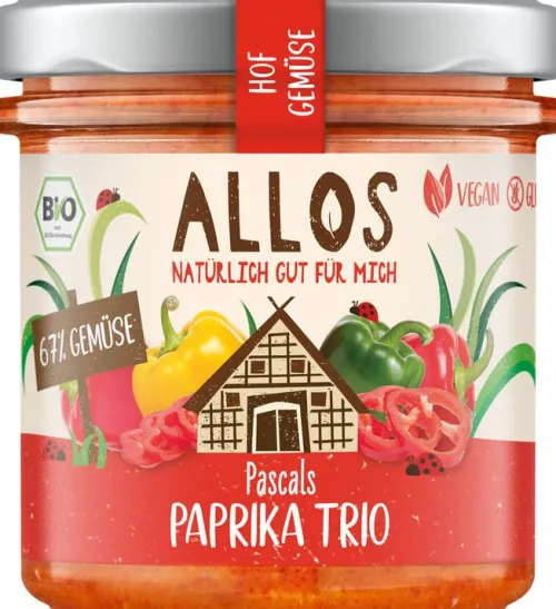ALLOS Pikante Brotaufstriche|Glutenfreie Lebensmittel^- Hofgemüse Pascals Paprika Trio bio 135g