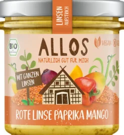 ALLOS Pikante Brotaufstriche|Glutenfreie Lebensmittel^- Linsen-Aufstrich Rote Linse Paprika Mango, bio, 140g