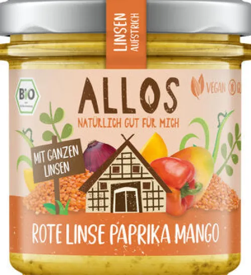 ALLOS Pikante Brotaufstriche|Glutenfreie Lebensmittel^- Linsen-Aufstrich Rote Linse Paprika Mango, bio, 140g