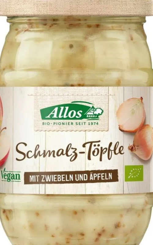 ALLOS Vegane Brotaufstriche|Glutenfreie Lebensmittel^- Schmalz-Töpfle mit Zwiebeln und Äpfeln bio 250g