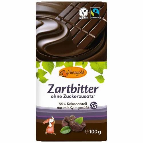 Birkengold GmbH Schokolade|Glutenfreie Lebensmittel^Birkengold - Zartbitter Schokolade ohne Zuckerzusatz, 100g