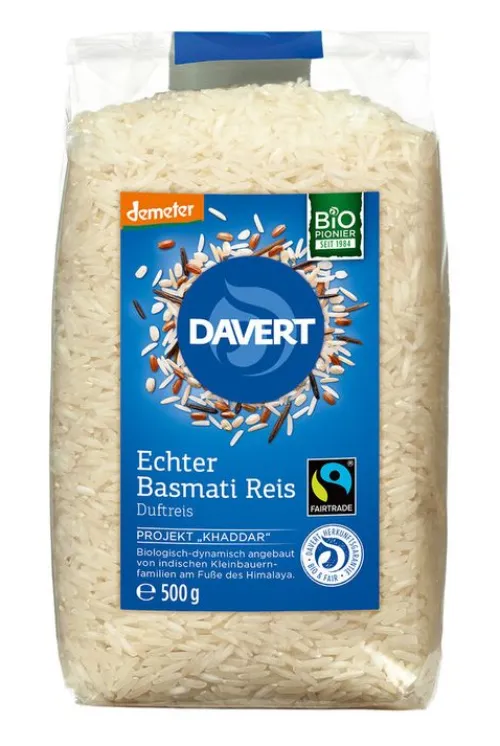DAVERT Reis|Glutenfreie Lebensmittel^- Demeter Echter Basmati Reis weiß Fairtrade, 500g