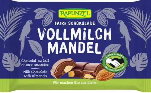 RAPUNZEL Schokolade|Glutenfreie Lebensmittel^- Vollmilch Schokolade mit ganzen Mandeln bio 100g
