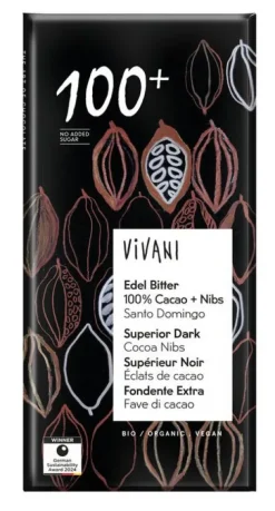 Vivani Schokolade^- Edel Bitter 100% Cacao + Nibs, 80g